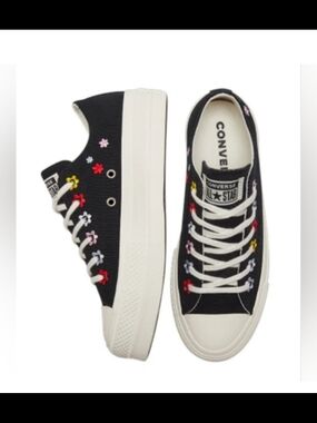 Converse All Star Black Floral Embroidered Platform Sneakers, Size Women 8